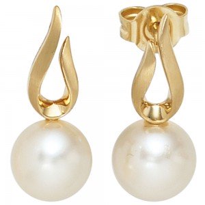 Ohrstecker 585 Gelbgold mattiert 2 Süßwasser Perlen Ohrringe Goldohrstecker