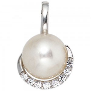 Anhänger 585 Weißgold 1 Süßwasser Perle 8 Diamanten Perlenanhänger