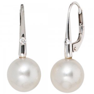 Boutons 585 Weißgold 2 Süßwasser Perlen 2 Diamanten Ohrringe Ohrhänger
