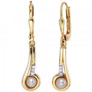 Boutons 333 Gelbgold 2 Süßwasser Perlen 6 Zirkonia Ohrringe Ohrhänger