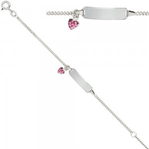 Schildband Herz 925 Sterling Silber mit rosa Glasstein 14cm Gravur ID Armband