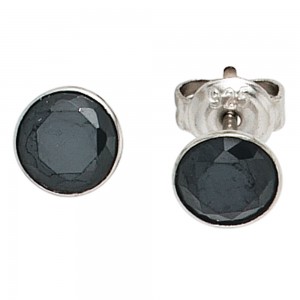 Ohrstecker rund 925 Sterling Silber rhodiniert 2 Zirkonia schwarz Ohrringe