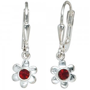 Kinder Boutons Blume 925 Silber 2 rote Glassteine Ohrringe Ohrhänger
