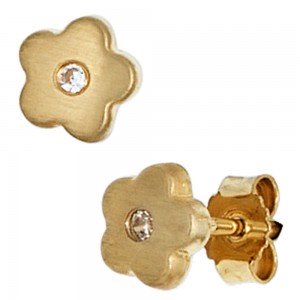 Kinder Ohrstecker Blume Blumen 333 Gelbgold mattiert 2 Zirkonia Ohrringe