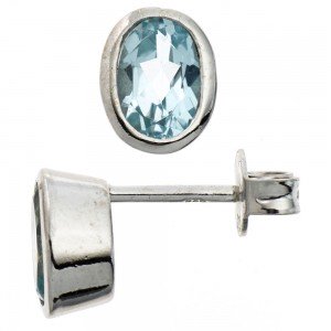 Ohrstecker oval 925 Sterling Silber rhodiniert 2 Blautopase hellblau blau