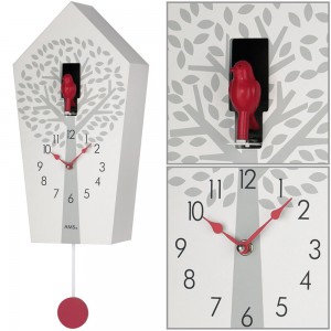 Kuckucksuhr Wanduhr Quarz mit Pendel rot weiß mit Baum Muster Pendeluhr