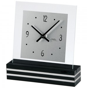 Tischuhr Quarz analog schwarz modern eckig mit Glas und Aluminium