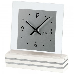Tischuhr Quarz analog weiß modern eckig mit Glas und Aluminium