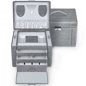 Sacher Schmuckkoffer Schmuckkasten Leder grau abschließbar Uhrenfach Schubladen