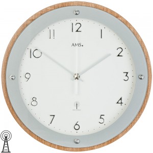 Funkwanduhr analog rund Gehäuse Holz furniert mit Glas