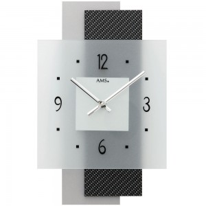 Wanduhr Quarz analog silbern modern mit Carbon Applikation und Glas
