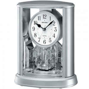 Tischuhr Quarz analog mit Drehpendel silbern Kunststoff