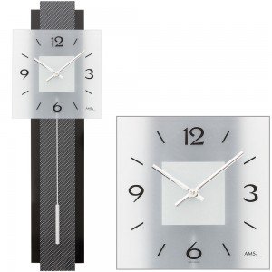 Wanduhr Quarz mit Pendel schwarz grau Pendeluhr mit Carbon und Glas