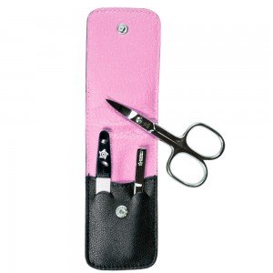 Pfeilring Maniküretui, Nappaleder schwarz, Futter pink, 3-teilige Bestückung