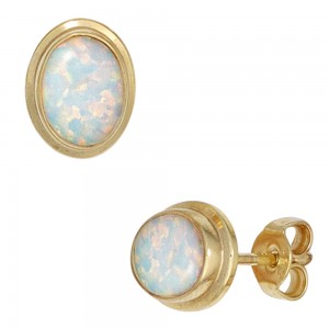 Ohrstecker oval 333 Gelbgold 2 Opale Ohrringe Goldohrstecker