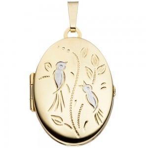 Medaillon Vögel oval für 2 Fotos 333 Gelbgold matt Anhänger zum Öffnen