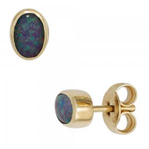 Ohrstecker oval 585 Gelbgold 2 Opal-Tripletten Ohrringe Goldohrstecker