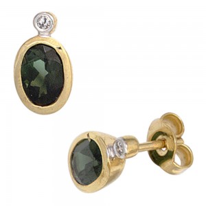 Ohrstecker oval 585 Gelbgold 2 Turmaline grün 2 Diamanten Ohrringe
