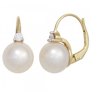 Boutons 585 Gelbgold 2 Süßwasser Perlen 2 Diamanten Ohrringe Ohrhänger