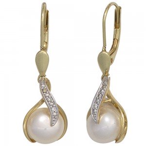 Boutons 585 Gelbgold 2 Süßwasser Perlen 6 Diamanten Ohrringe Ohrhänger