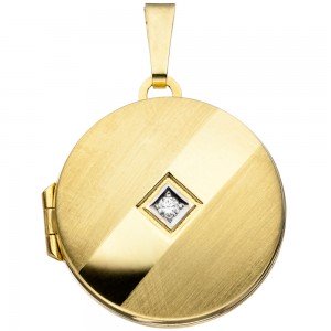 Medaillon rund 333 Gelbgold mattiert 1 Zirkonia Anhänger zum Öffnen