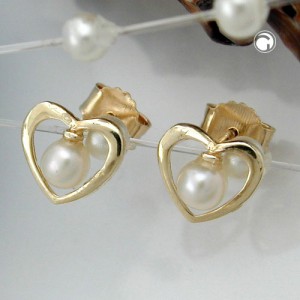 Ohrstecker Herz mit Perle 375 Gold