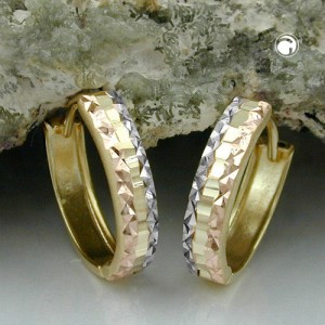 Creolen Ohrringe tricolor diamantiert 375 Gold