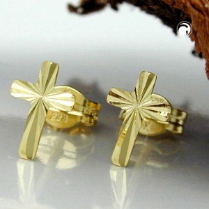 Ohrstecker Kreuz glänzend diamantiert 333 Gelbgold