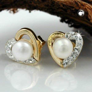 Ohrstecker Herz Perle Zirkonia 375 Gelbgold