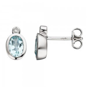 Ohrstecker oval 585 Weißgold 2 Diamanten 2 Aquamarine hellblau blau