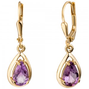 Boutons Tropfen 333 Gelbgold 2 Amethyste lila violett Ohrringe Ohrhänger