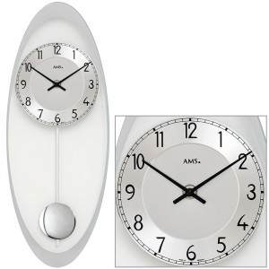 Wanduhr Quarz mit Pendel silbern oval Pendeluhr mit Glas und Aluminium