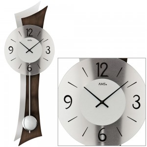 Wanduhr Quarz mit Pendel Holz nussbaum farben mit Aluminium Pendeluhr geschwungen