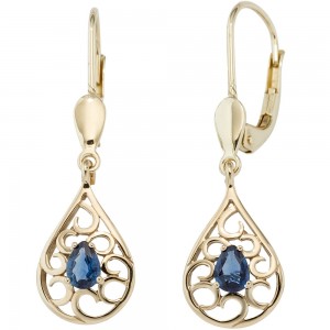 Boutons Tropfen 585 Gelbgold 2 Safire blau Ohrringe Ohrhänger Goldohrringe