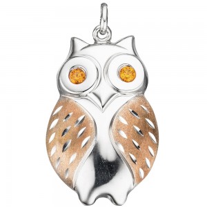 Anhänger Eule 925 Sterling Silber rotgold vergoldet bicolor 2 Zirkonia orange