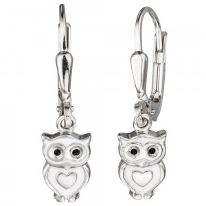 Boutons Eule 925 Sterling Silber rhodiniert mit weiß schwarzer Lackeinlage