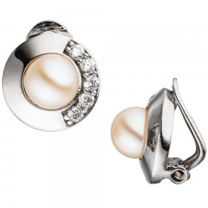Ohrclips 925 Silber 2 Süßwasser Perlen mit Zirkonia Ohrringe Clips Perlenclips