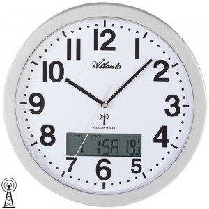 Funkwanduhr analog silbern mit Datum Thermometer