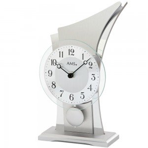 Tischuhr Quarz mit Pendel golden modern geschwungen mit Glas Aluminium