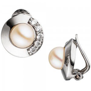 Ohrclips 925 Silber 2 Süßwasser Perlen mit Zirkonia Ohrringe Clips Perlenclips