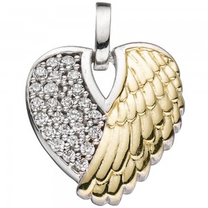 Anhänger Herz / Engelsflügel 925 Silber bicolor vergoldet mit Zirkonia