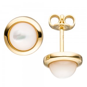 Ohrstecker rund 333 Gelbgold 2 Perlmutt-Steine Ohrringe Goldohrringe