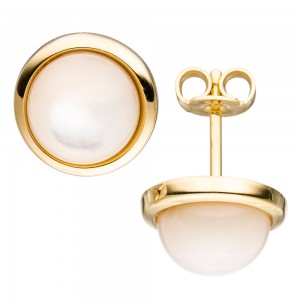 Ohrstecker rund 585 Gelbgold 2 Perlmutt-Steine Ohrringe Goldohrringe