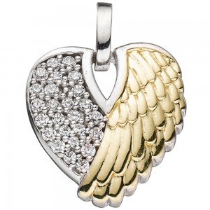 Anhänger Herz / Engelsflügel 925 Silber bicolor vergoldet mit Zirkonia