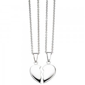 Collier aus 2 Ketten mit geteiltem Anhänger Herz Edelstahl 45cm Partneranhänger