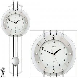 Funkwanduhr mit Pendel silbern modern Pendeluhr mit Glas silber schwarz
