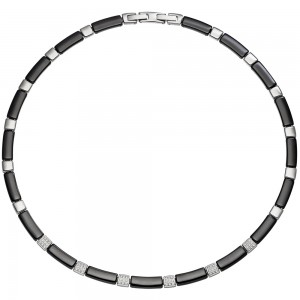 Collier Halskette aus schwarzer Keramik mit Edelstahl und Zirkonia 47cm Kette