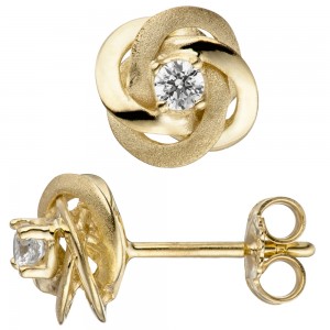 Ohrstecker verschlungen 333 Gelbgold matt mattiert 2 Zirkonia Ohrringe