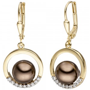 Ohrhänger 333 Gelbgold bicolor mit dunklen Perlen und Zirkonia Ohrringe