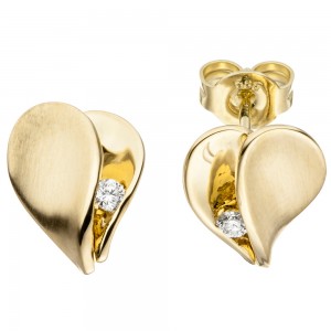 Ohrstecker Herz 585 Gelbgold matt 2 Diamanten Brillanten Ohrringe